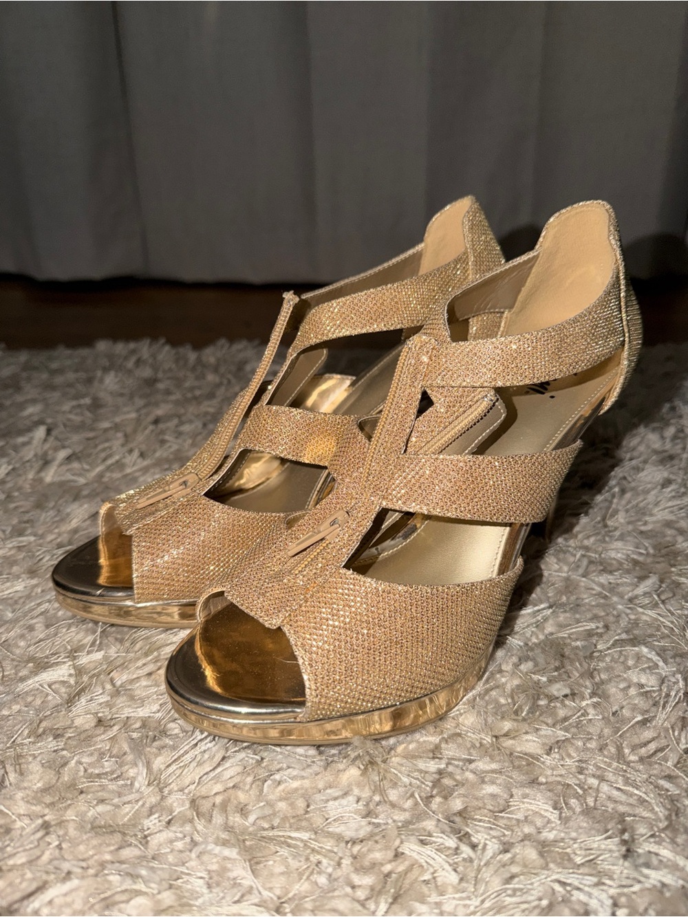 Sparkling Gold Peep-Toe Wedge Sandals - Women's
